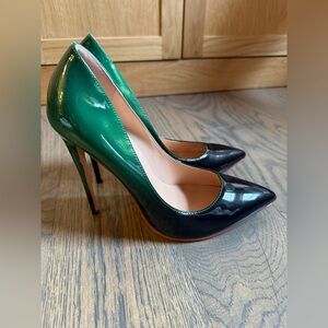 Coleter pointy toe pumps in a green and black gradient patent leather finish. 9